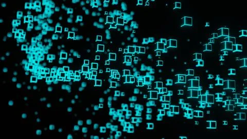 Neon light cube Block Network futuristic flying Matrix digital technologic an Illustrazione stock
