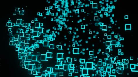Neon light cube Block Network futuristic flying Matrix digital technologic an Stock Illustration