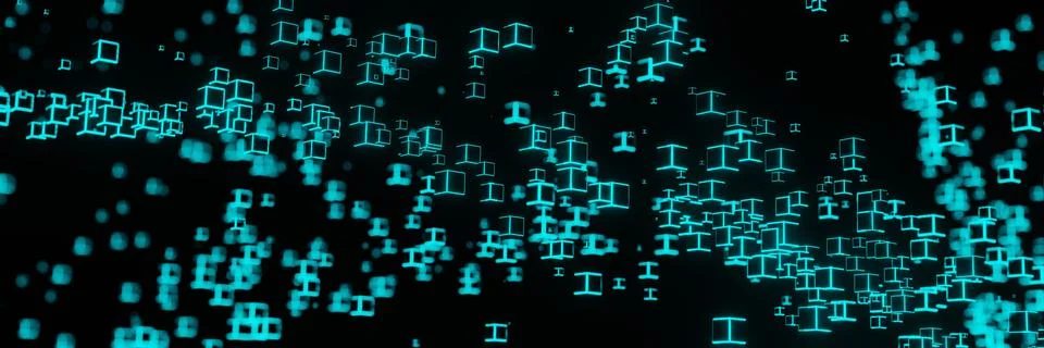 Neon light cube Block Network futuristic flying Matrix digital technologic an Illustrazione stock