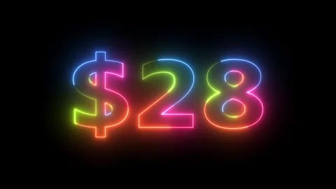 Neon Light Dollar 28 Number Sign Vibrant Glowing Text on Black Background D.. Vidéo 330412349