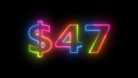 Neon Light Dollar Sign and 47 Number Display on Dark Background Bright Glow Stock Illustration