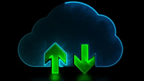 Neon light effect Cloud loading icon, send data, black background Stock Illustration
