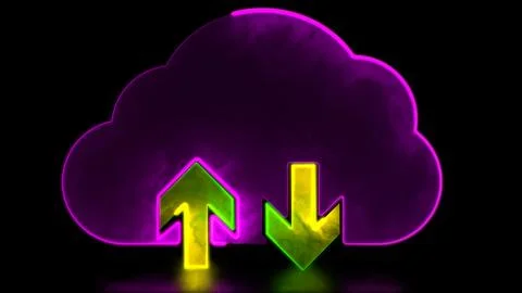 Neon light effect Cloud loading icon, send data, black background Stock Illustration