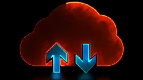 Neon light effect Cloud loading icon, send data, black background Illustrazione stock
