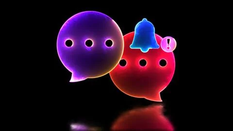 Neon light effect loop notification bell message icon. Black background. Stock Illustration