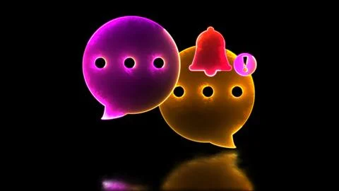 Neon light effect loop notification bell message icon. Black background. Stock Illustration