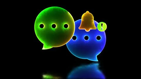 Neon light effect loop notification bell message icon. Black background. Stock Illustration