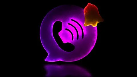 Neon light effect loop notification bell phone icon. Black background. Illustrazione stock