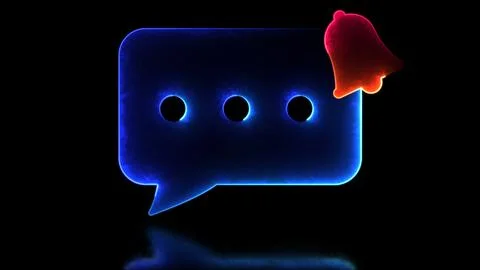 Neon light effect loop notification bell message icon. Black background. Stock Illustration