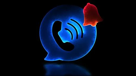 Neon light effect loop notification bell phone icon. Black background. Illustrazione stock