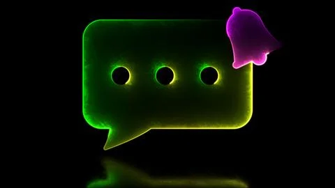 Neon light effect loop notification bell message icon. Black background. Stock Illustration