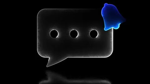 Neon light effect loop notification bell message icon. Black background. Illustrazione stock