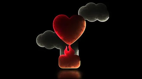 Neon light effect looping heart shaped balloon and cloud icon. Black backgr.. Stock Illustration