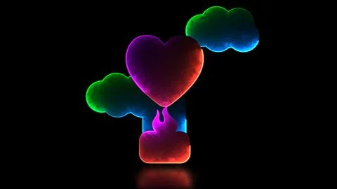 Neon light effect looping heart shaped balloon and cloud icon. Black backgr.. イラスト素材