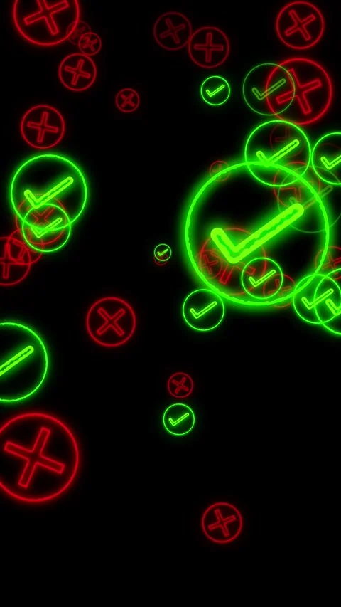 Neon light effect right and wrong symbol falling vertical animation Stock Footage 278448569