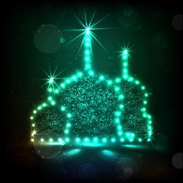 Neon Light Forming A Mosque on Green Bokeh Background for Islamic Festival .. Stock Illustration