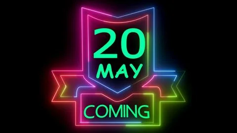 Neon light glowing 20 may coming soon sign Stock Illustration