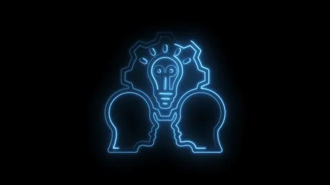 Neon light glowing abstract symbol of two heads facing each other with a Stock Footage 333962719