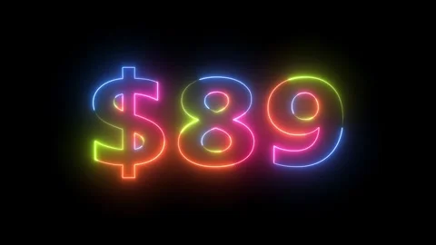 Neon light glowing eighty nine dollar sign Vidéo 330511745