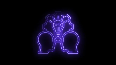 Neon light glowing heads and gear with lightbulb symbolizing teamwork innovation Stock Footage 333962715