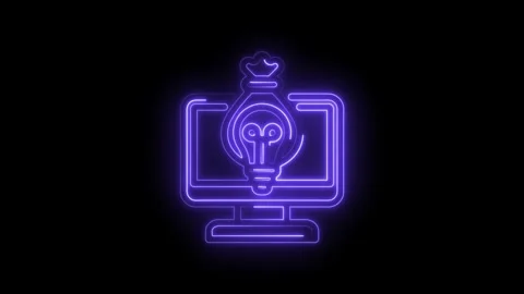 Neon light glowing money bag with lightbulb inside on computer screen abstr.. Stock Footage 346123036