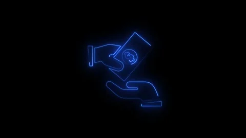 Neon light illustration of a hand holding a dollar bill in dark background Stock Footage 345360188