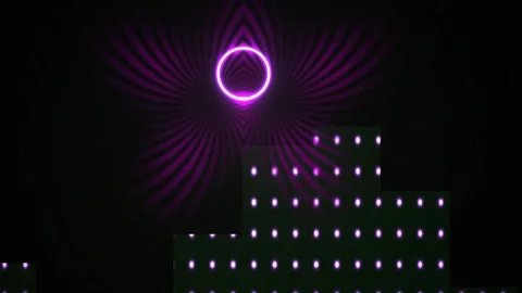 Neon light installation with purple circle and dots on black background. Vidéo 335536588
