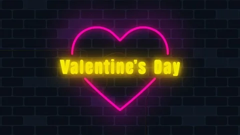 Neon light label heart shape blinking on dark wall background. Valentines Day Stock Footage 123347927