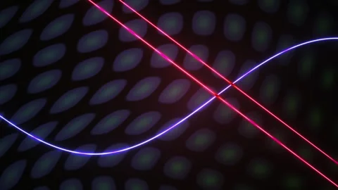 Neon light lines intersecting on dark background with pattern. Stock Footage 336704478