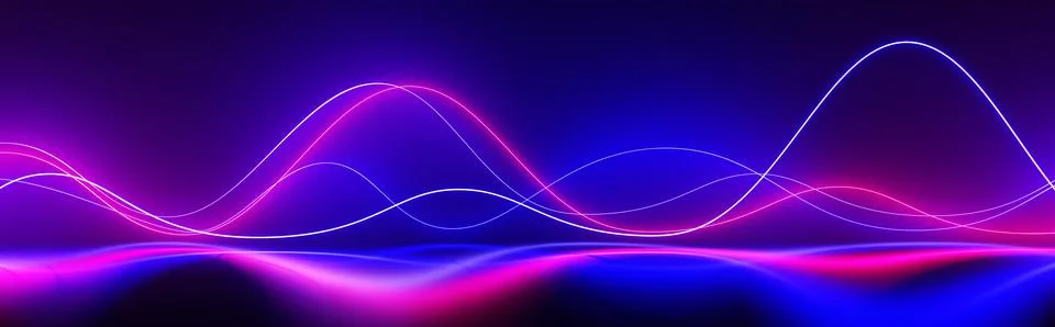 Neon light lines motion effect. Abstract blue and pink sound waves with smoke Stock Illustration