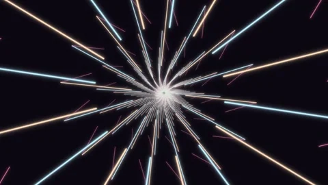 Neon light lines radiating from center in abstract space tunnel Stock Footage 336349609
