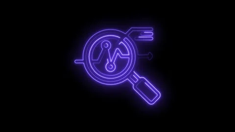 Neon light magnifying glass with graph and data analysis icon on black Stock Footage 333960163
