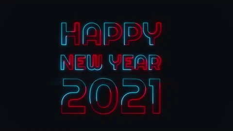 Neon light movement text happy new year 2021 blue and red running loops. Видео 139124666