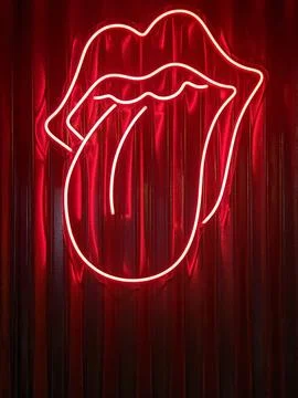 Neon light or lamp in the shape of lips with sticking out tongue on red Stock Photos