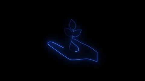 Neon light outline of a hand holding a small plant in dark setting Stock Footage 346191367