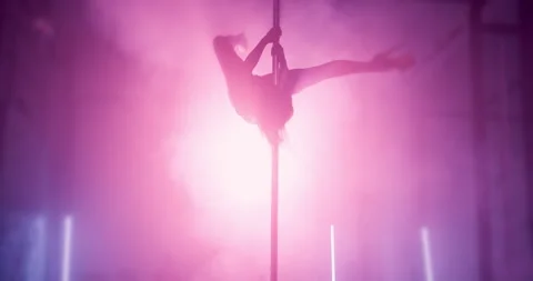 Neon light, pole dancing and woman with silhouette in nightclub, sexy and exotic Video stock 306238662