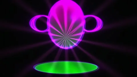 Neon light purple UFO glowing green beam technology. Stock Footage 335536860
