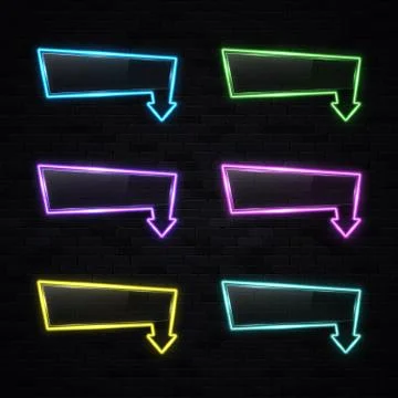 Neon light rectangle arrow pointer set on black. Stock Illustration