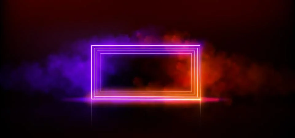 Neon light rectangle frame with smoke cloud. Stock Illustration