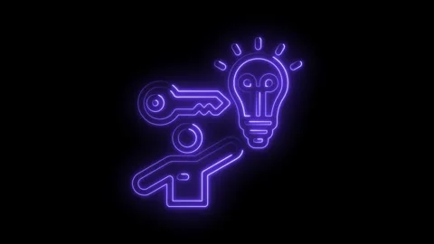 Neon light representing a person holding a key unlocking a bright idea lightbulb Stock Footage 330872588