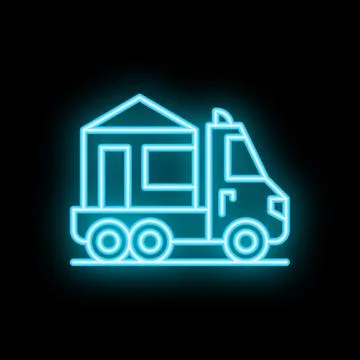 Neon light representing tiny house transporting on truck for relocation Illustrazione stock