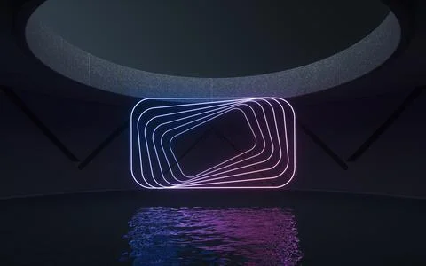 Neon light in the round room, 3d rendering. Illustrazione stock