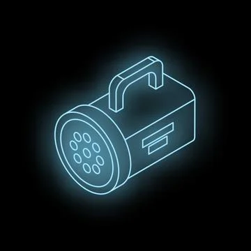 Neon light shining on portable spotlight with handle on black background Stock Illustration