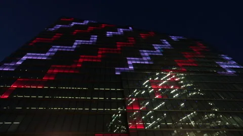 Neon light show on Dexia skyscraper in Brussels, Belgium Stock Footage 141657323