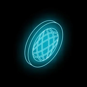 Neon light showing globe grid in round frame on black background 库存插图