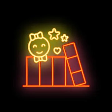 Neon light sign of toy blocks with smiling face and stars on brick wall bac.. Stock Illustration