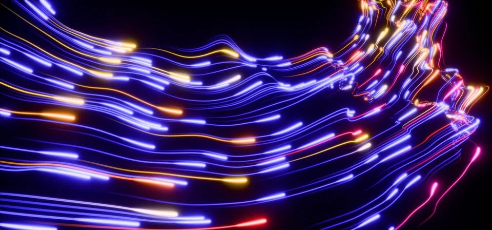 Neon light speed effect. Abstract glowing wavy lines on black 3d background Stock-Illustration
