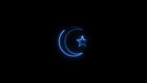 Neon light star and moon icon on black background 4k animation. Islamic sign Stock Footage 310503556