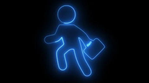 Neon Light Stick Figure Walking With Briefcase Isolated on Black Background.. Stockbeeldmateriaal 330848544