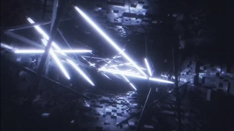 Neon light sticks bursting through a dark block corridor Stock Footage 346780578